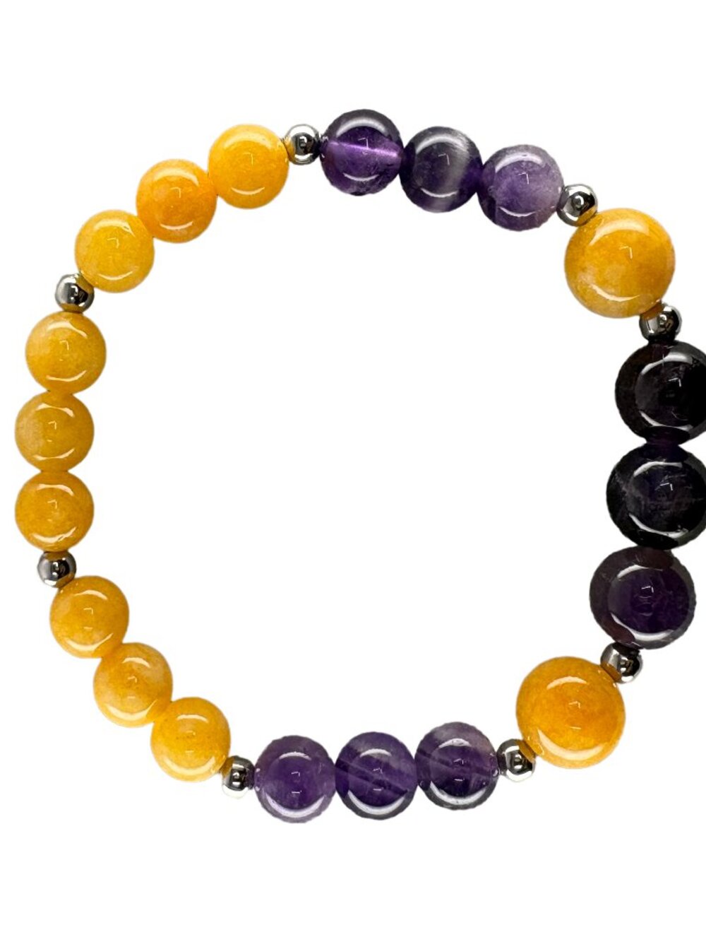 Purple Amethyst Yellow Jade Beaded Stretch Bracelet 6.75" Stainless Steel
